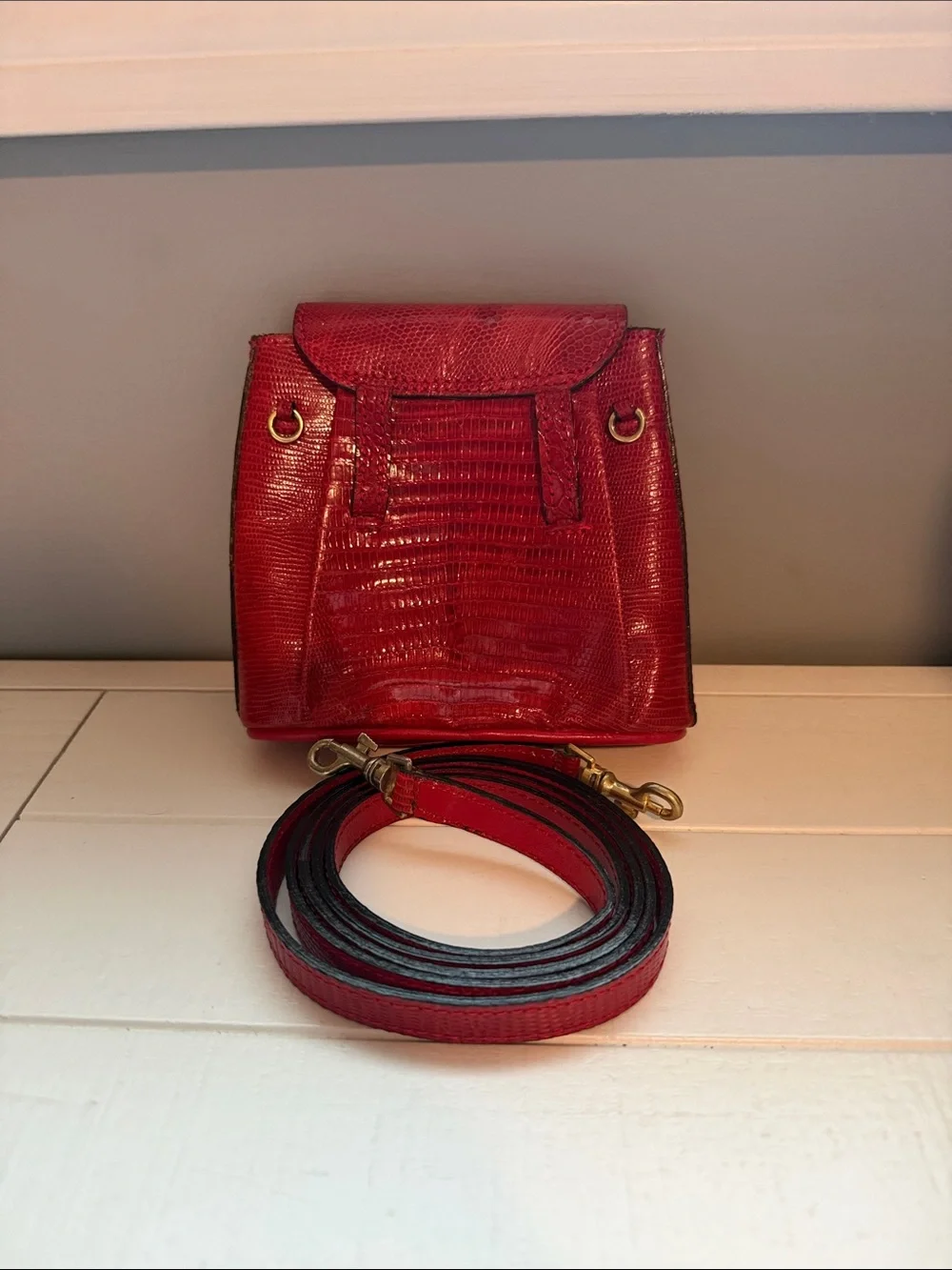 Red Croc-Texture Mini Top-Handle Bag